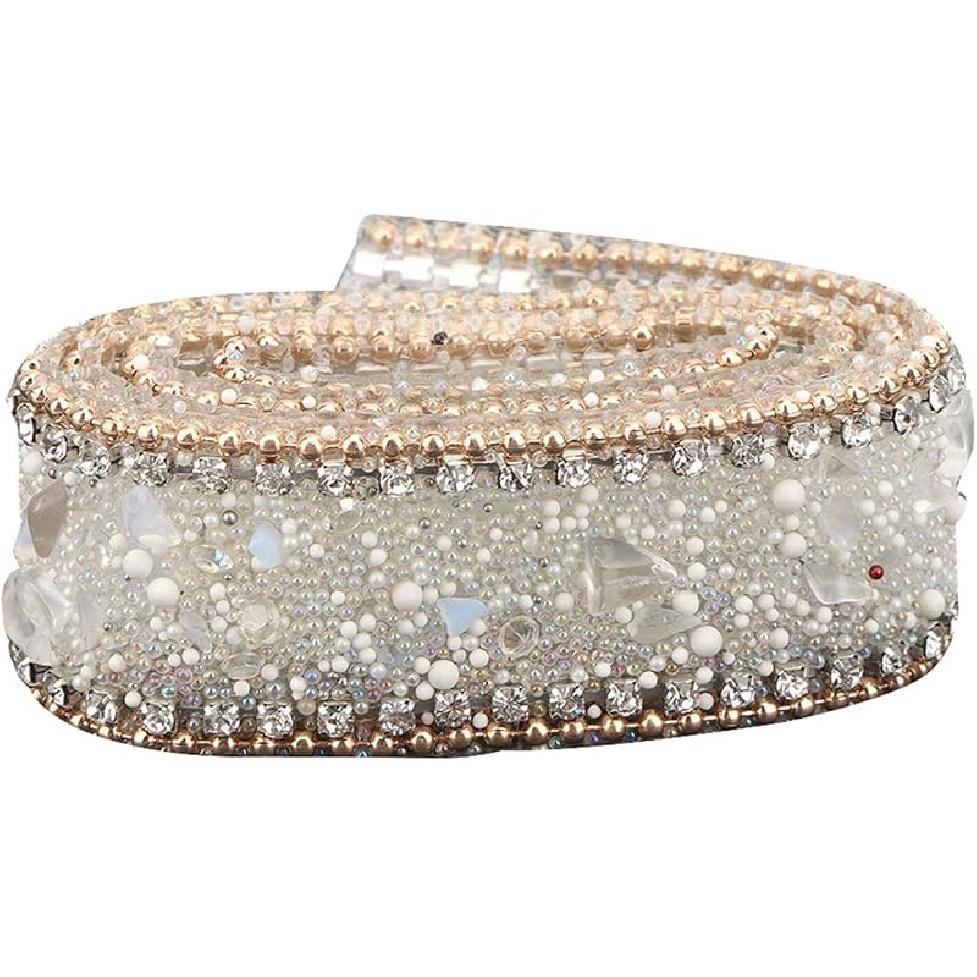 Diamond Ribbon, Dazzling 2.5cm DIY Diamond Mesh Wrap Roll Crystal Rhinestones Chain Trim Ribbon Decoration (Sapphire Blue Stone + Gold Bead Chain)