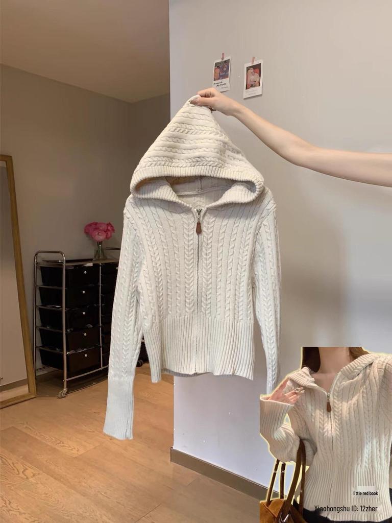 Korean Style Women's Hooded Zipper Jacket & Chunky Knit Cardigan - Waist-Cinched, Soft & Cozy Top