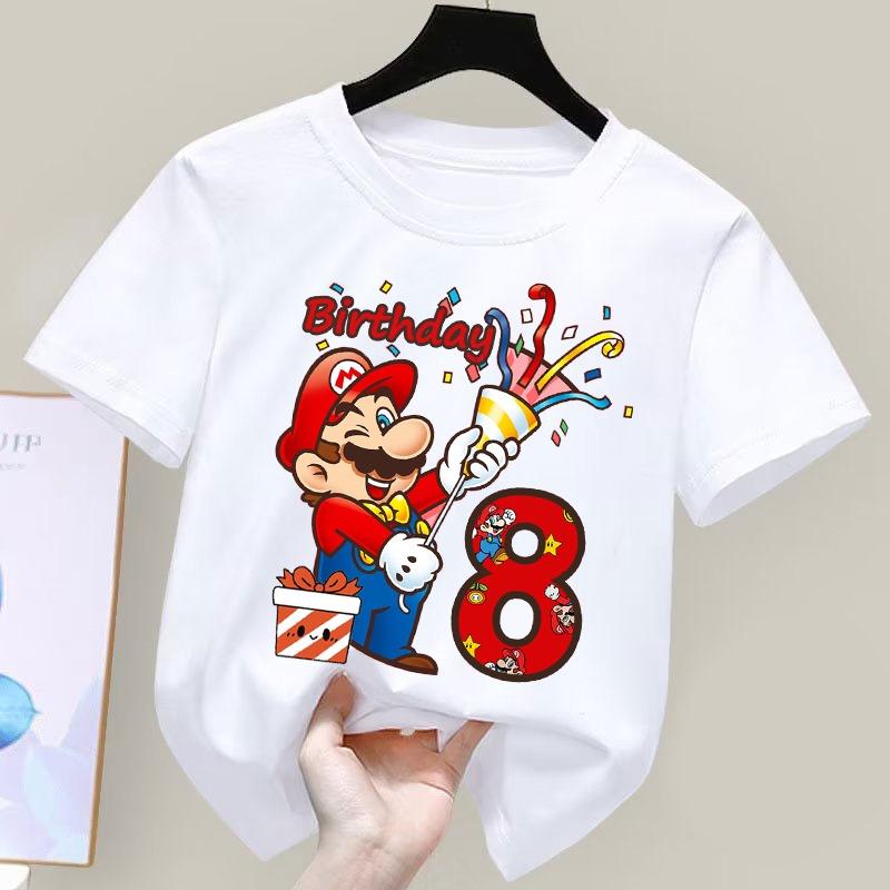 Super Marioes Bros Nummern 1-10 Bedruckte T-Shirts Anime Cartoon Süßes Kurzarm-Oberteil Jungen Mädchen Sommer Baumwolle Rundhals T-Shirt