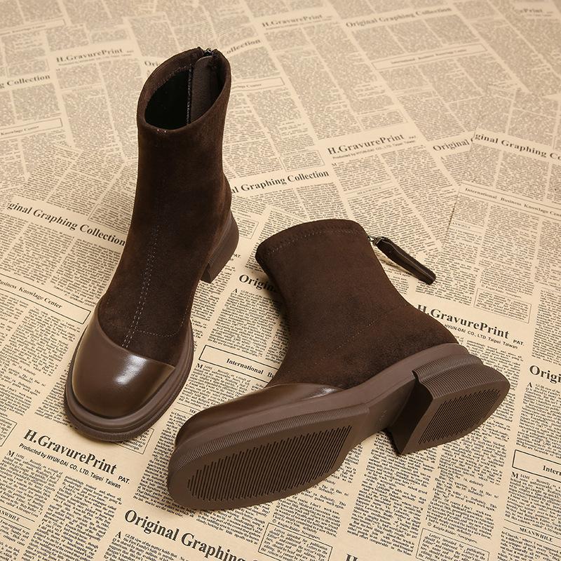 Korean Version of Retro Style Boots for Women with Long Legs, Zipper and Thin Boots, Velvet Cotton Boots, Thick-soled Small Short Boots.