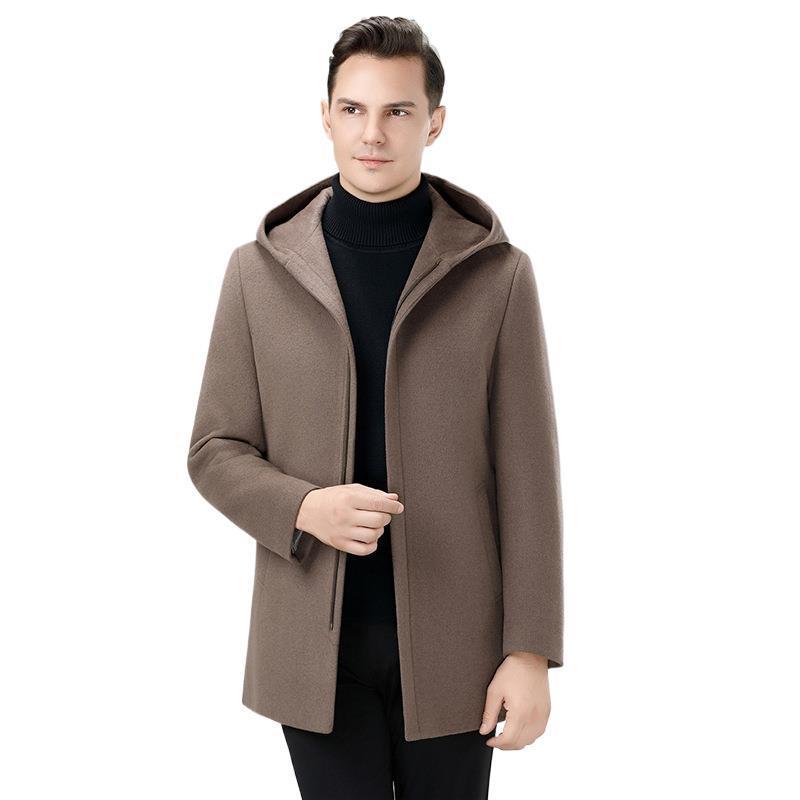 Brand Men's Korean-Style Wool Hooded Mid-Length Double-Faced Wool Down Coat Windbreaker