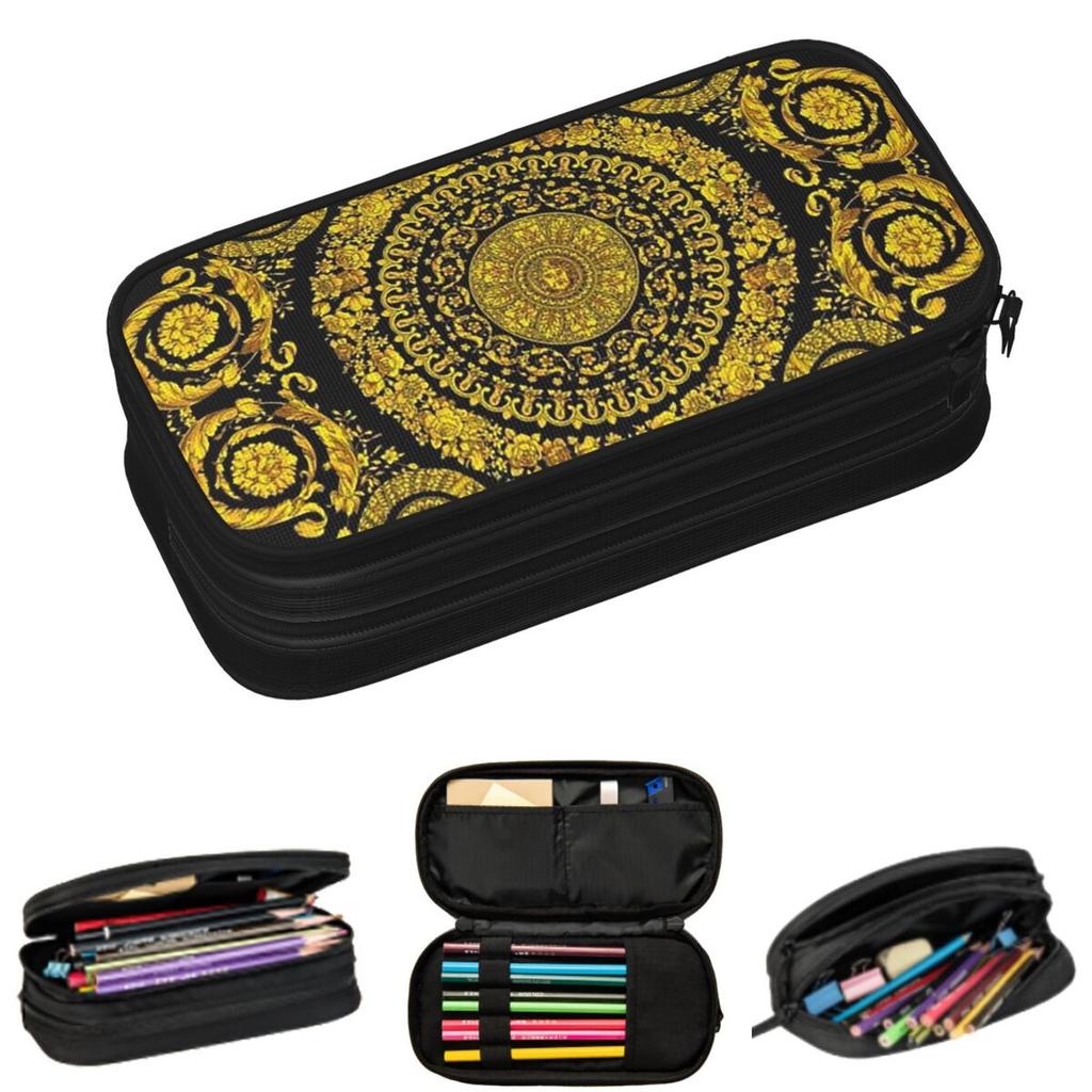 Decorative Golden Medallion Baroque Pencil Cases for Students School Pen Box Pencil Bag Big Capacity Pencil Pouch