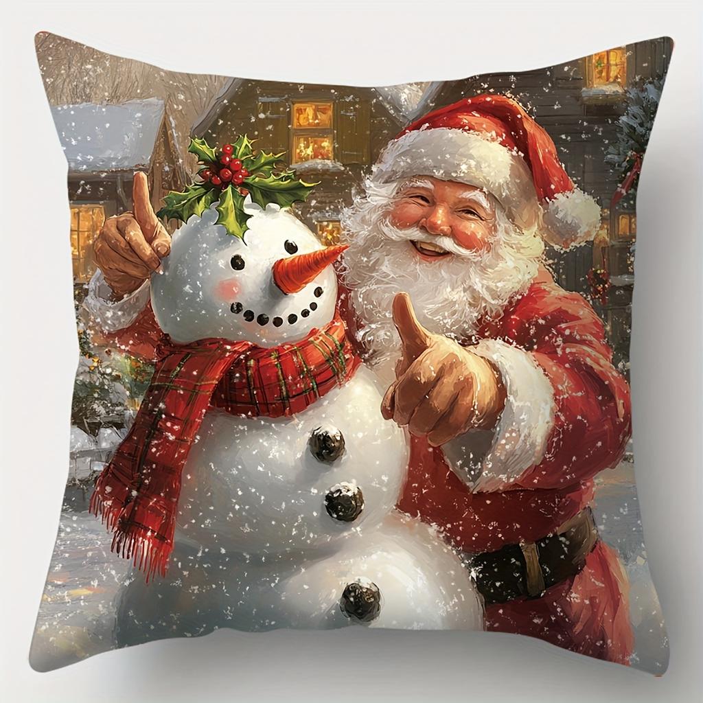 Set Of 4 Christmas Cushion Covers, Santa Tree Deer Snowman Print, Woven Polyester, Zipper Closure, For Sofa Decor