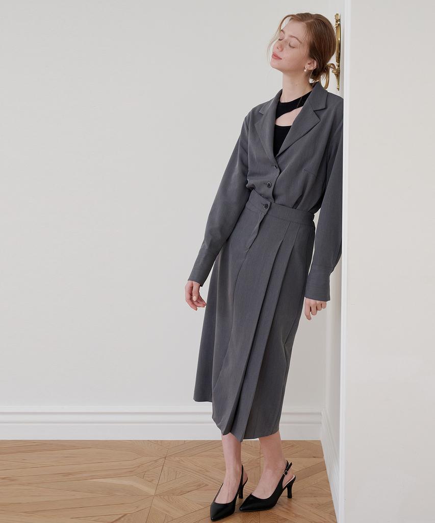 Bye Bye Seop Side Tuck Long Skirt Charcoal [T41]