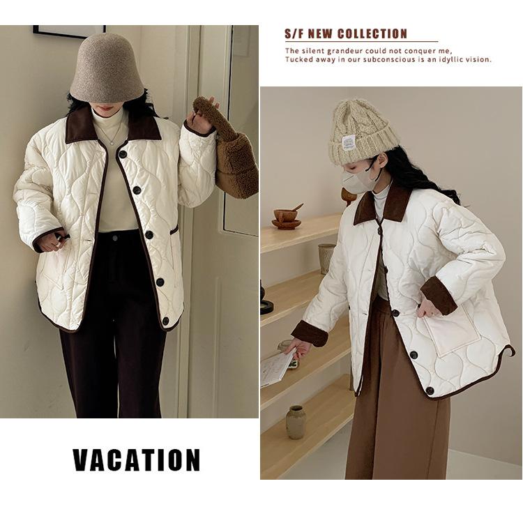 Contrast Color Thin Light Lapel Warm Short Loose Autumn Jacket