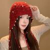 Pearl Tassel Fringed Beanie Cap Stretchable Pendant Headband Hat Knitted Pullover Hat  for Women