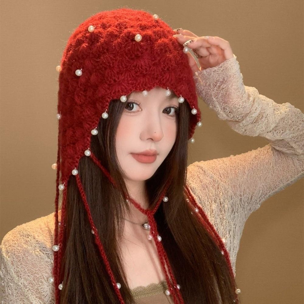 Pearl Tassel Fringed Beanie Cap Stretchable Pendant Headband Hat Knitted Pullover Hat  for Women