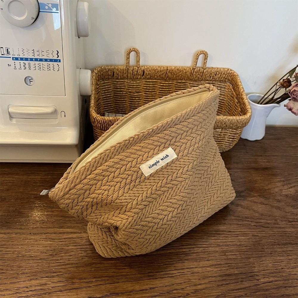 Woven Fabric Makeup Bag for Women Solid Color Canvas Clutch Bag Toiletry Storage Bag  Travel