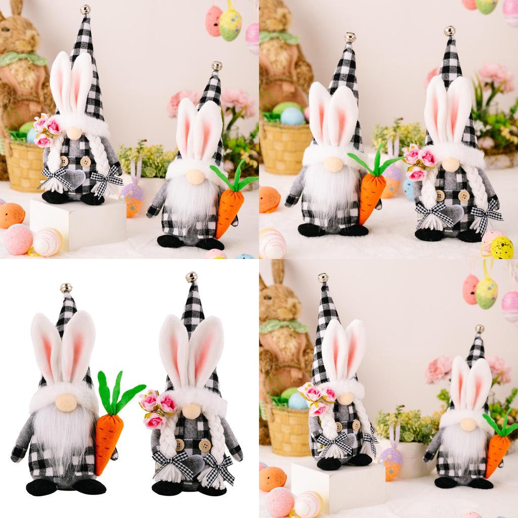 Adorable Black And White Checkered Bunny Ears Plush Doll Holding Carrot For Easter Decor