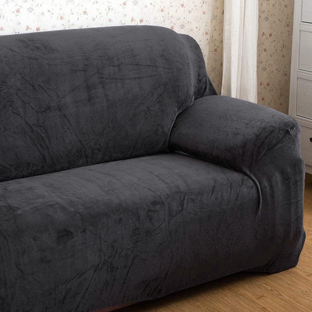 Modern Velvet Plush 1 Piece High Stretch Sofa Slipcover Furniture Protector Non Slip Elastic Bottom for Kid Pets Scratch Gray