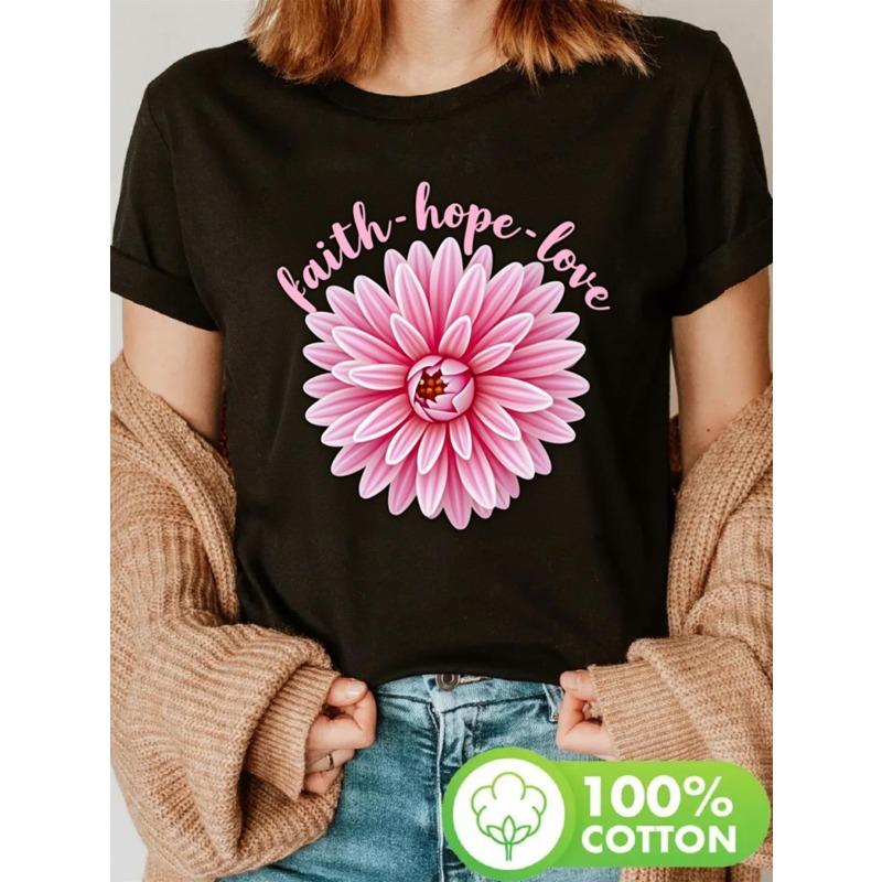 

Women S T-Shirt with Pink Dahlia Flower & Faith Hope Love Graphic Print Casual Round Neck Short Sleeve Tee,Spring Summer S чёрный