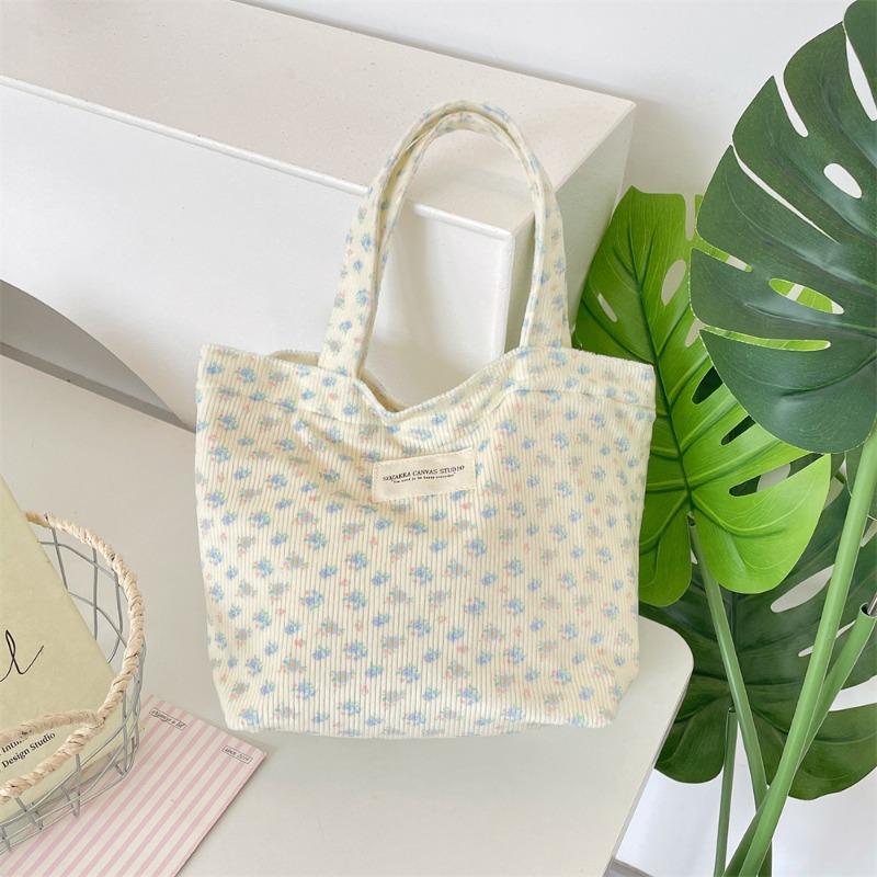 Corduroy Floral Handbag, Simple Tote Bag for Work, Lunch Bento Bag, Shopping Bag