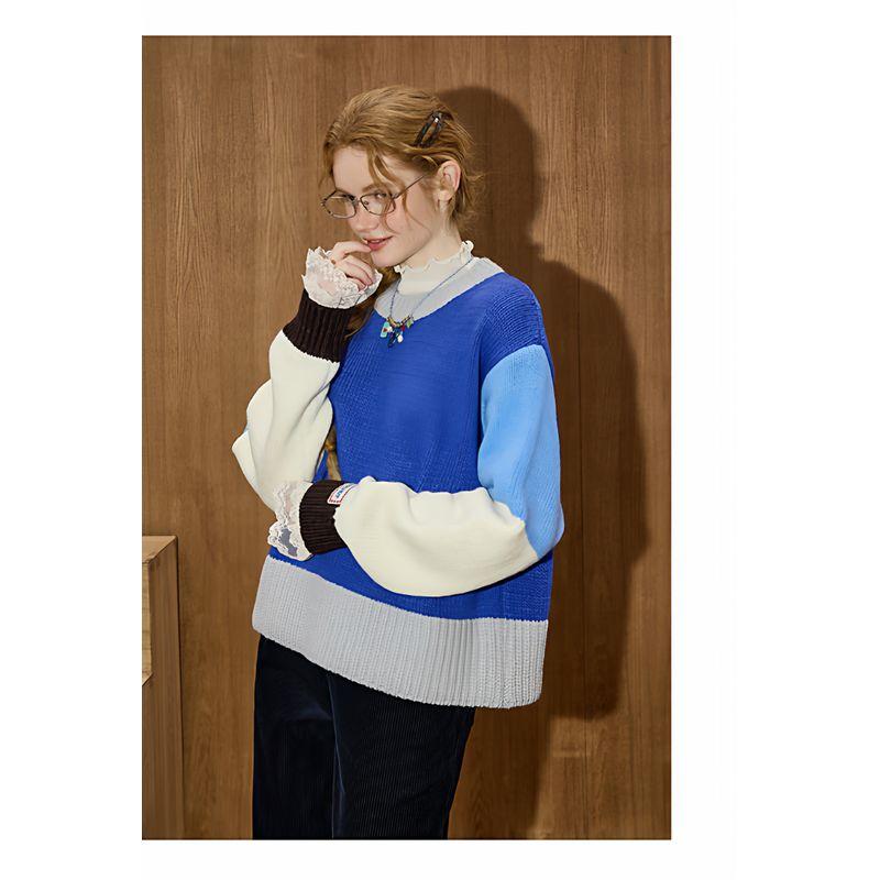 Coolhut Dopamine Color-Block Striped Sweater for Women, Lazy Style, Round Neck, Loose Design Knitwear