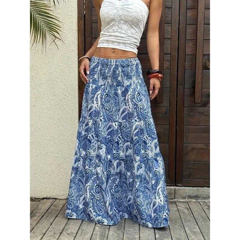 

Bohemian European and American Autumn New Fashion Elastic High Waist Print A Word Slimming Casual Skirt Long dress Women Color 4 2XL