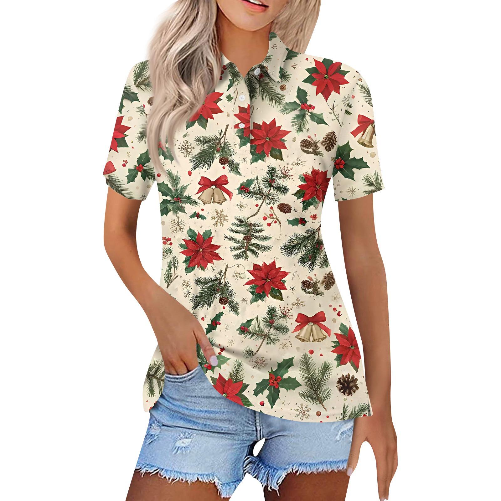 

Женская модная повседневная рубашка с лацканами и короткими рукавами с рождественским принтом, женские топы на пуговицах L бежевый