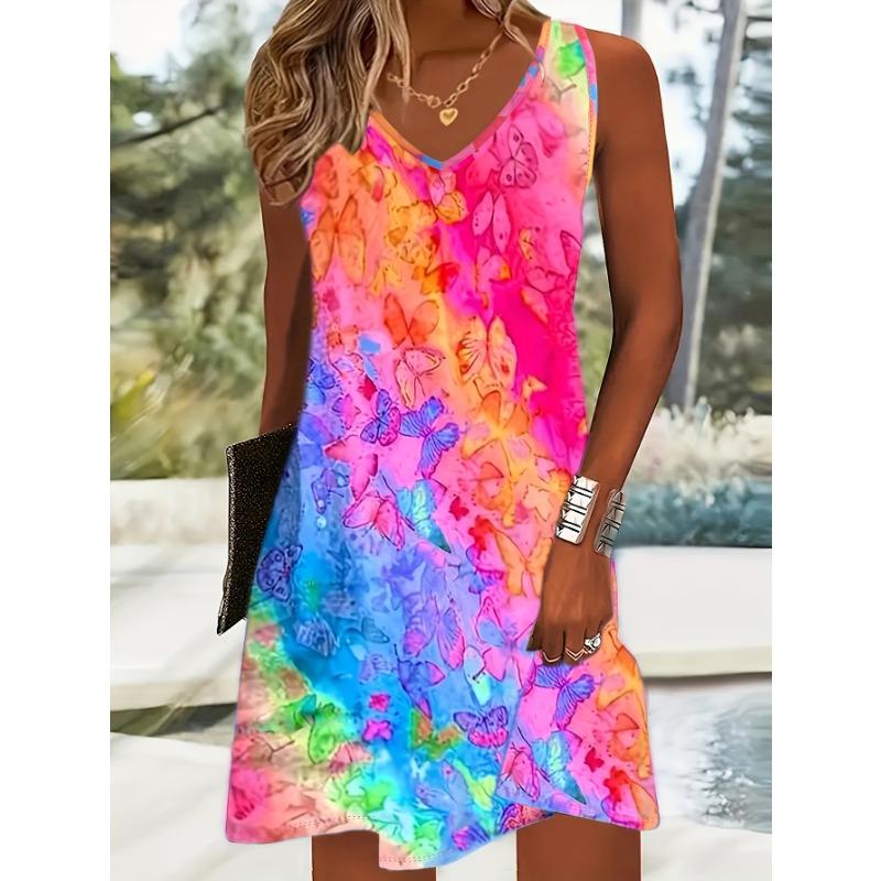 Summer Women s Fashion Butterfly Gradient Print Sleeveless Vest Dress V-Neck Casual Vacation Dress Women s Clothing S