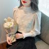 Bubble Sleeve Chiffon Women's Autumn and Winter Fashionable Half High Collar Lace Bottom Top