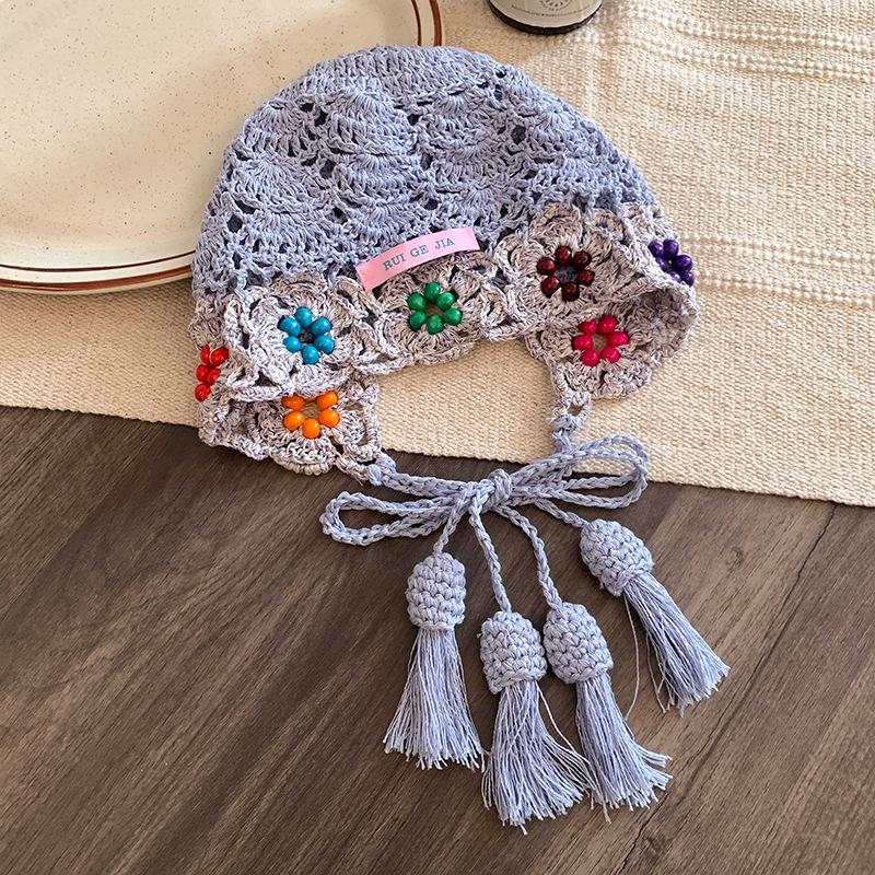 Handmade crochet flower fringe hollow hat female face small knitted bag hat