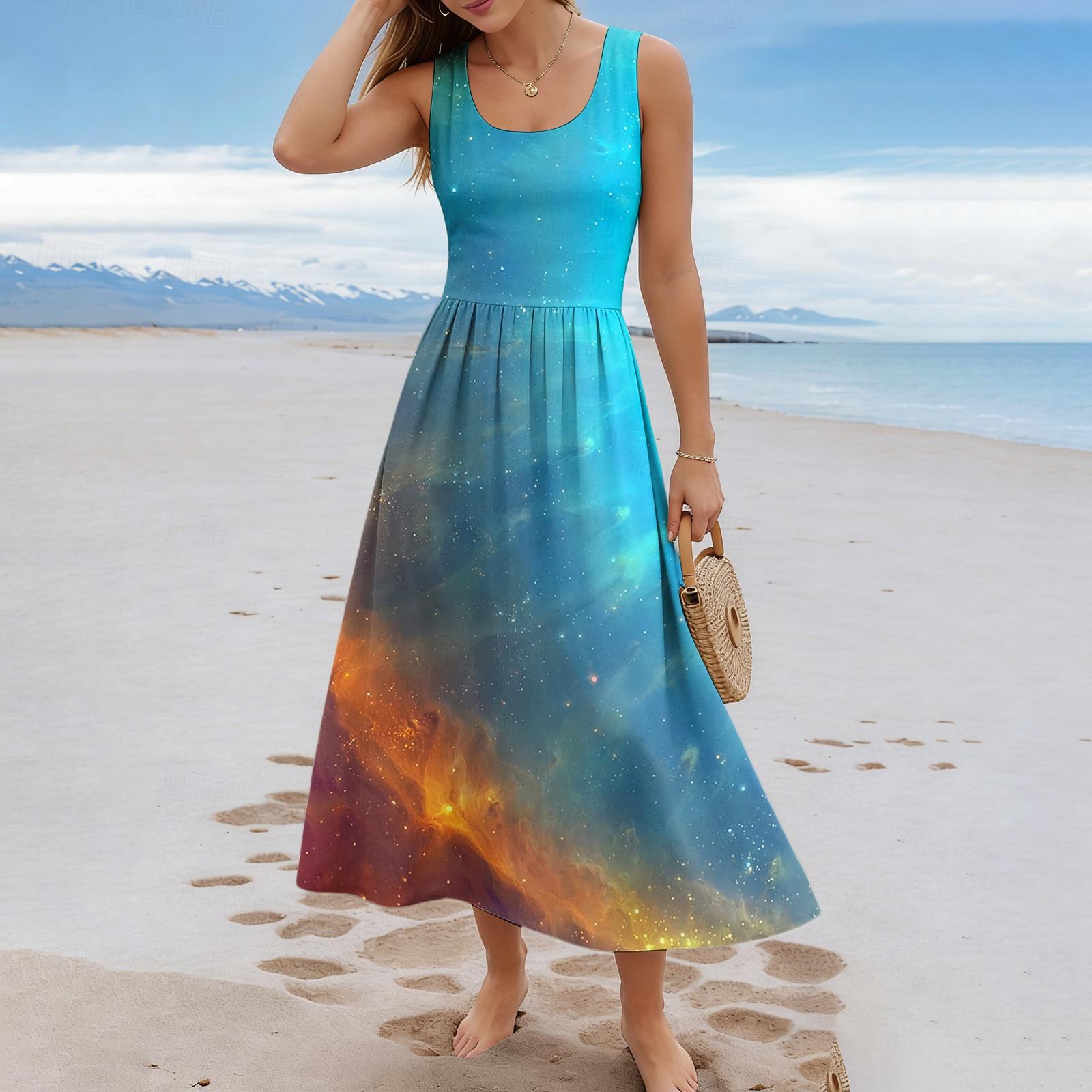 

Ladies cross printed summer casual and fashionable sleeveless long dress S