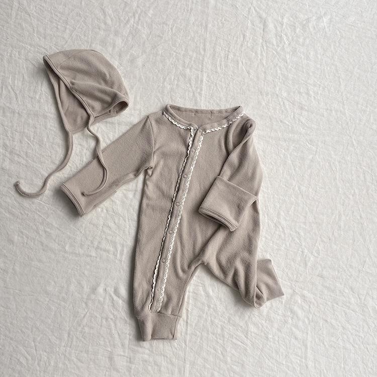 Autumn Floral Lace Long Sleeve Baby Romper with Hat