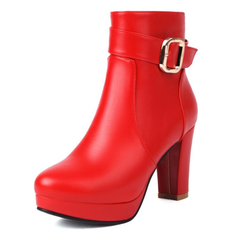 Platformowe Botki Damskie Jesień Zima Wysokie Obcasy Klamra Czerwone Czarne Krótkie Botki Eleganckie Buty na Imprezę Taneczną Duży Rozmiar