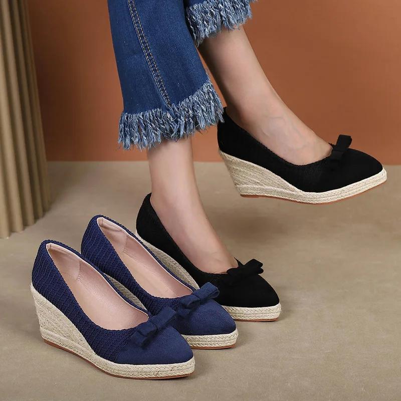 8cm Plus Size 34-42 Breathable Shallow Flock Platform Wedges Shoes Women 2025 Fall Bow High Heels Pumps for Office Mom Dance