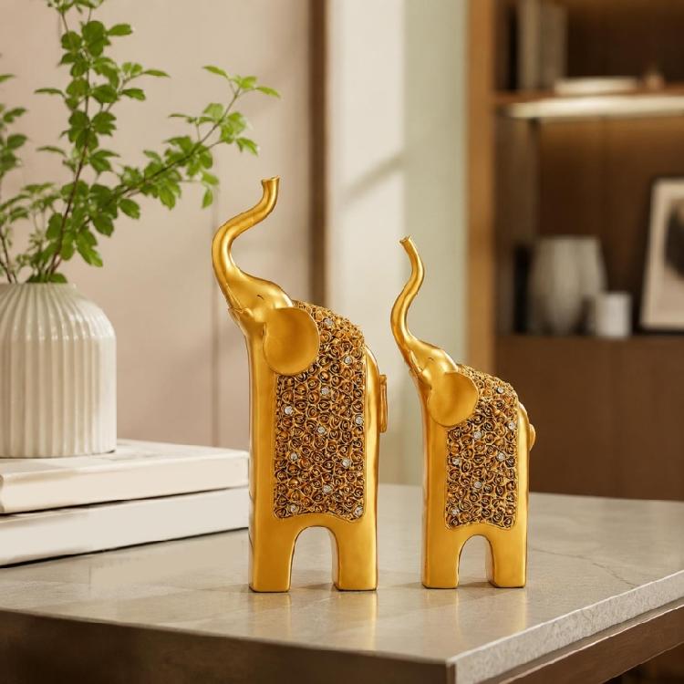 Decorative Elephant Figures, Two-Piece Sculptural Pair with Ornate Lifted-Nose Design for Office and Living Room Styling