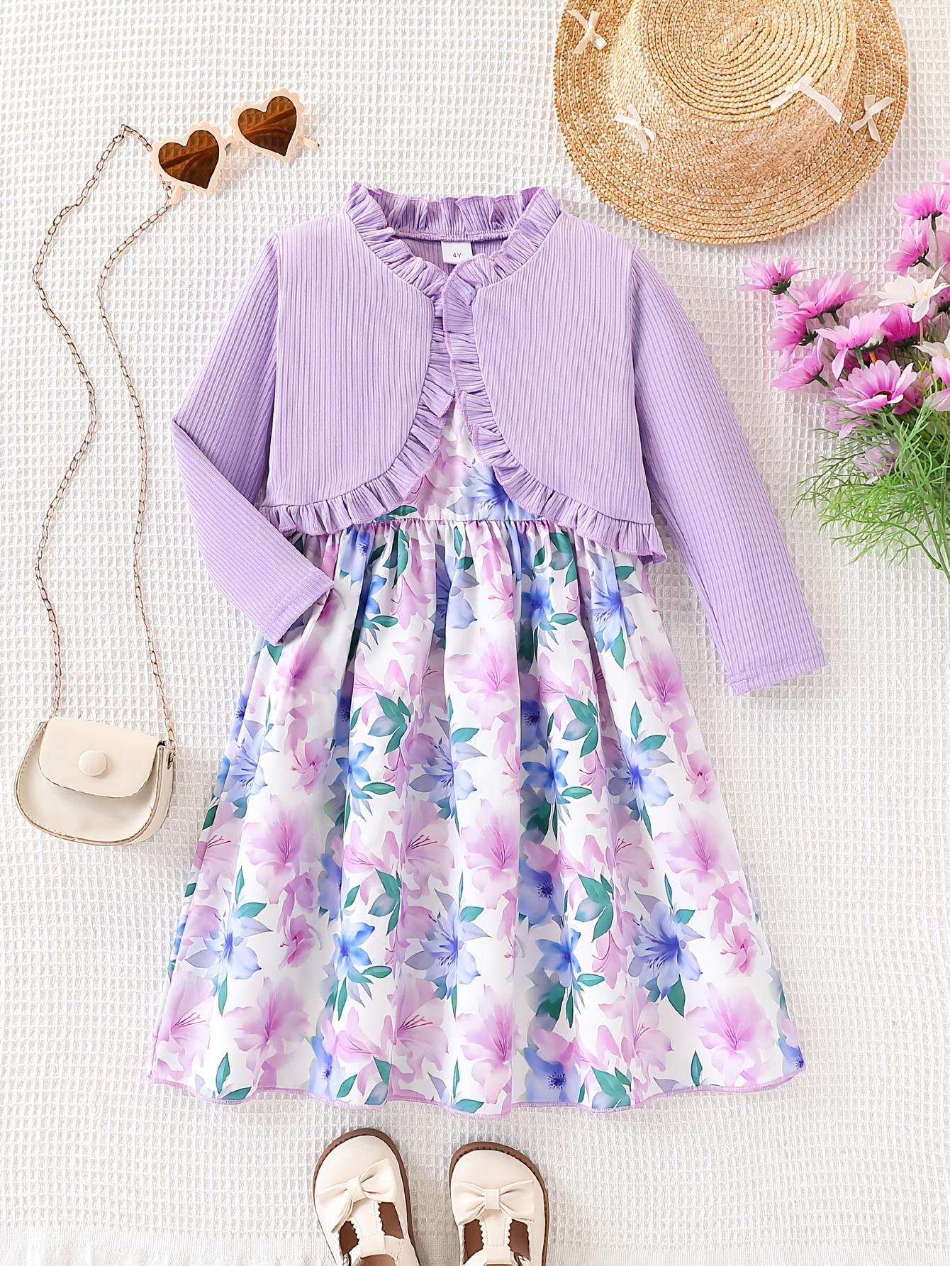 

Girls 2 Piece Dress Set 4-7 Years Floral Print Slip Dress with Bolero Kids Princess Party Wedding Flower Girl Outfit Kids Daily Wear 7Y Фіолетовий