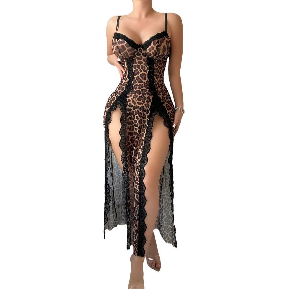 Sexy Leopard Print See-through Lingerie Dress & Thong Set