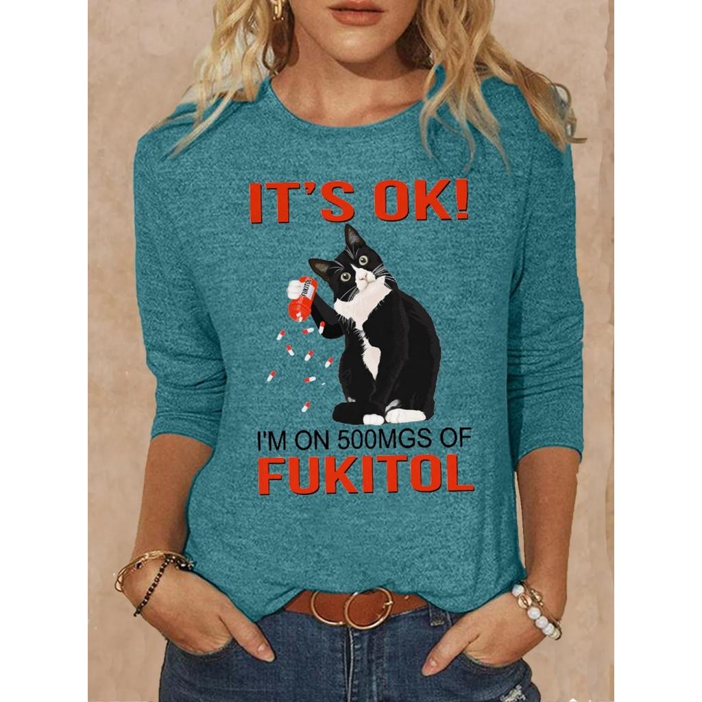 Okrągły dekolt 3D nadruk zabawny kot wzór top modny casual długi rękaw damskie koszulki