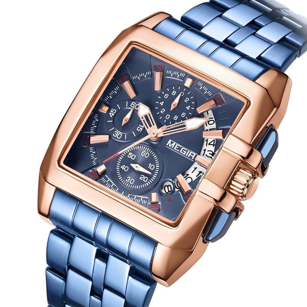 Megir Blau Edelstahl Männer Uhr Rechteck Große Zifferblatt Business Quarz männer Armbanduhren Relogio Masculino Militär Uhr Mann