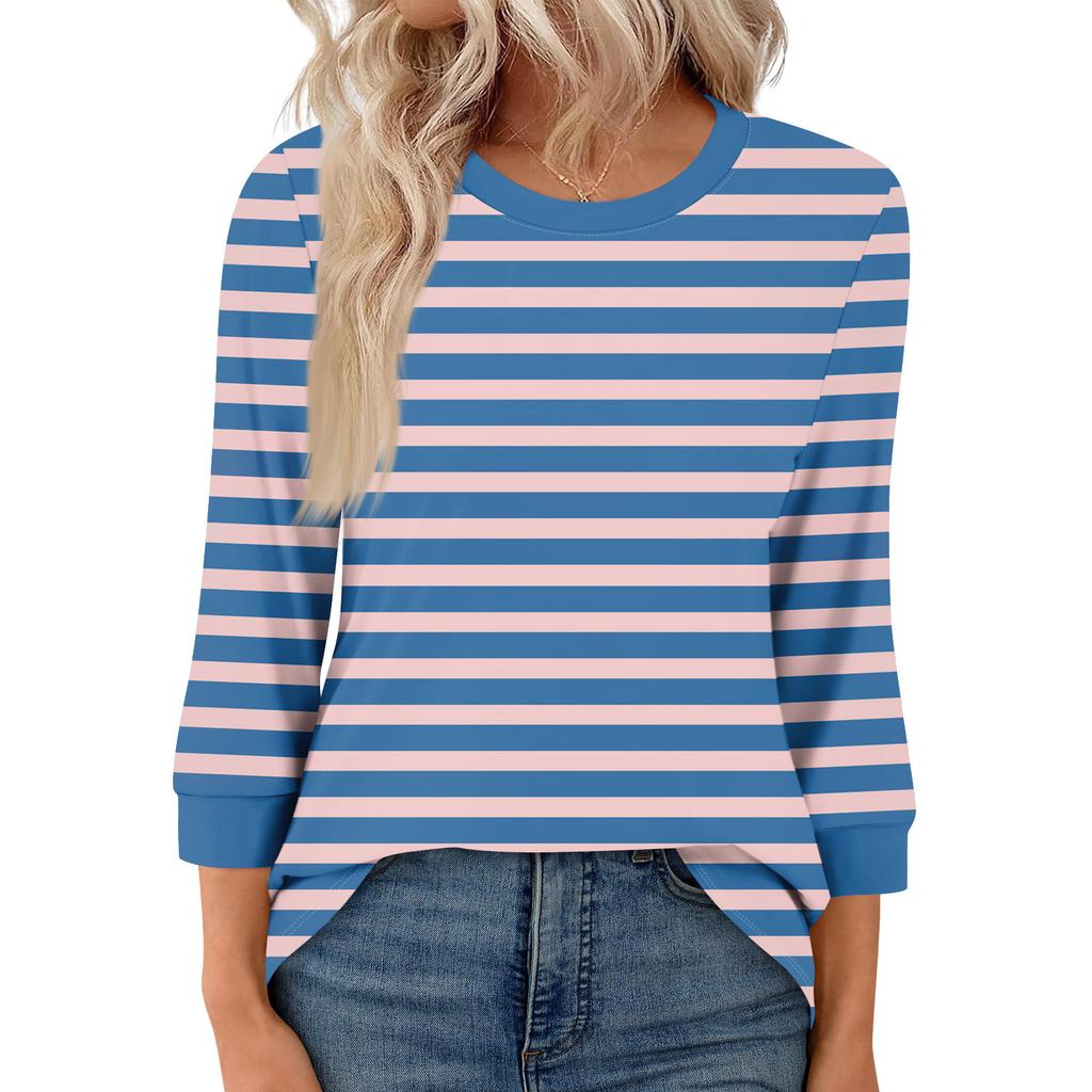 Women's Fashion Casual Seven Sleeve T-Shirt Print Round Neck Top