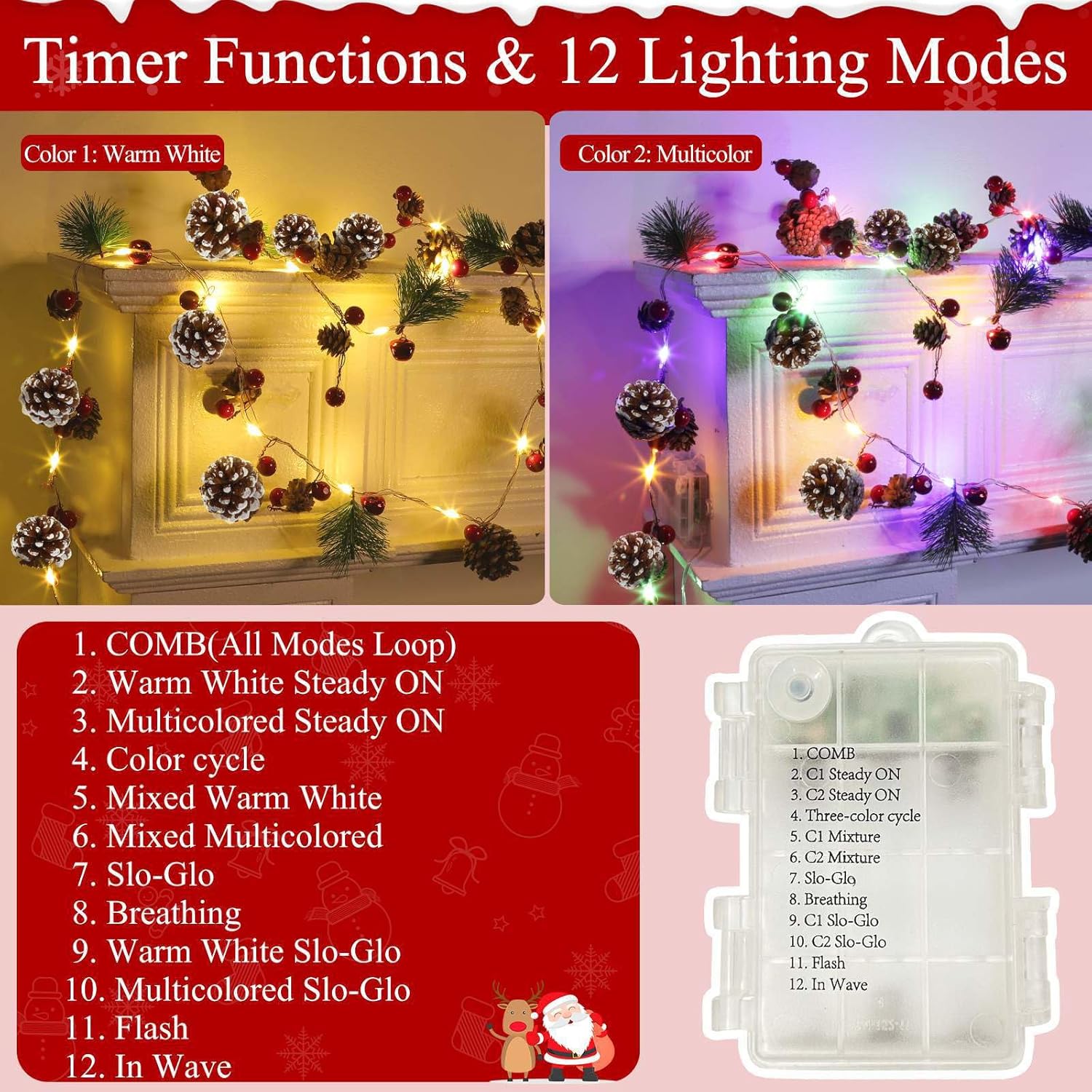 Christmas Garland with Warm White & Colored Lights, 7 Ft 20 LED Pinecone String Lights Timer 12 Mode Lighted Christmas Garland Pinecone Berry Bell