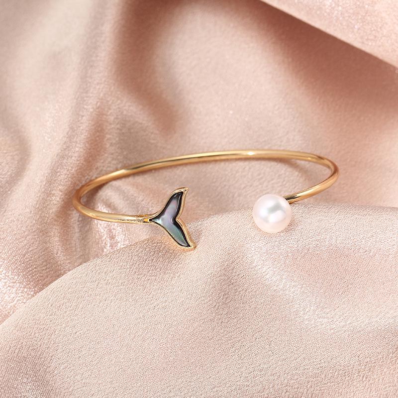 14k Gold-Plated Mother-of-Pearl Open Bracelet - Handmade Fashion Accessory for Women