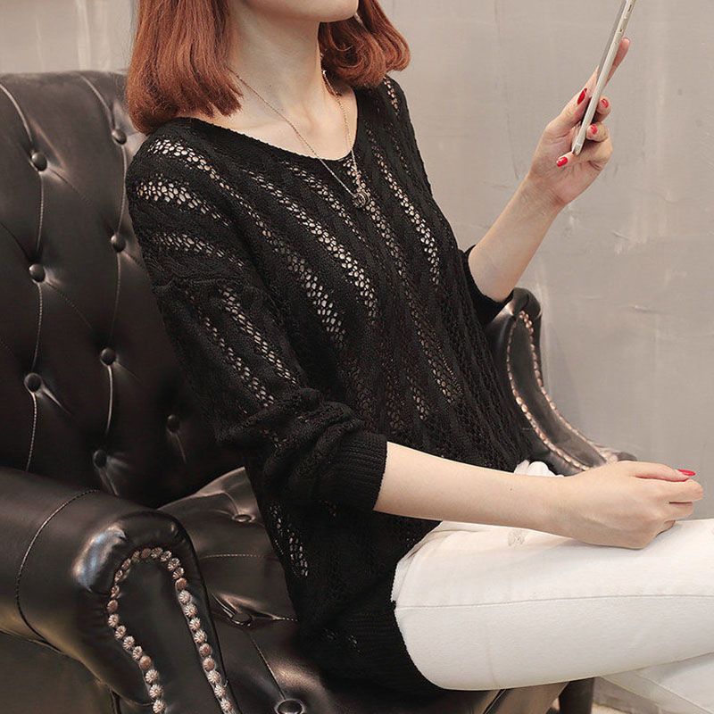 

Летний полый ледяной шелк, короткий топ, трикотаж, женский свободный пуловер, тонкий свитер с длинными рукавами, накидка 3XL чёрный