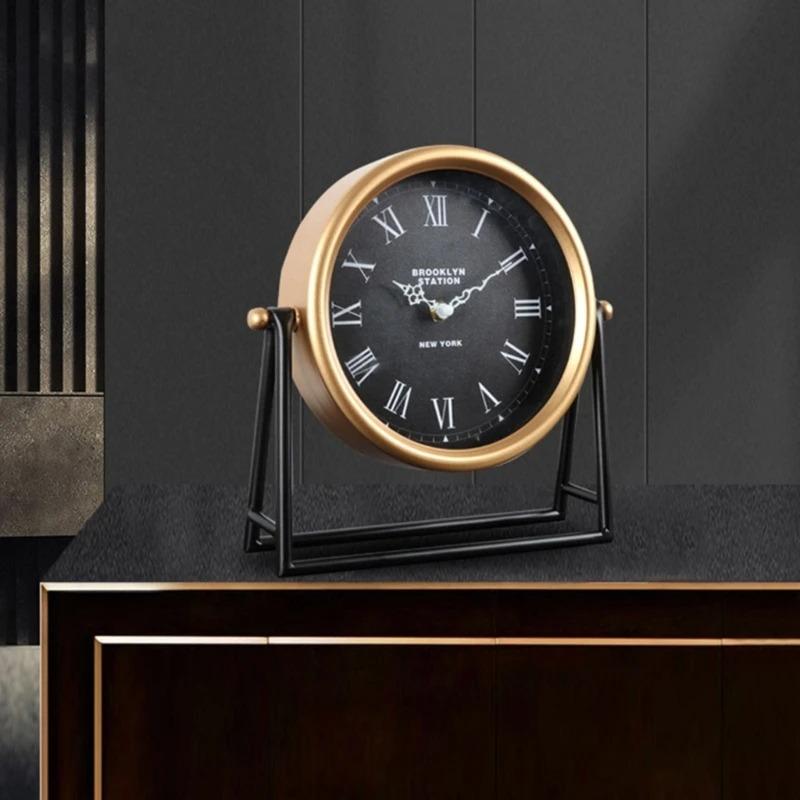 Silent Non-Ticking Vintage Table Clock, American Retro Desk Clock with Roman Numerals, Metal Frame for, Bedroom, Office Decro