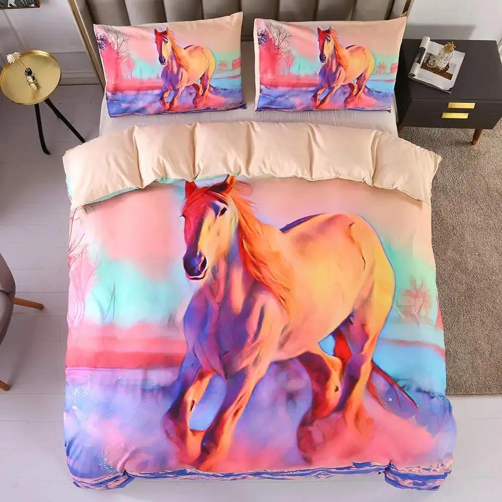 Dominierendes galoppierendes Pferd Gedrucktes Bettbezug-Set 3D Luxus Bettwäsche-Set mit Kissenbezug Schlafzimmer Bettdeckenbezüge Queen-Size
