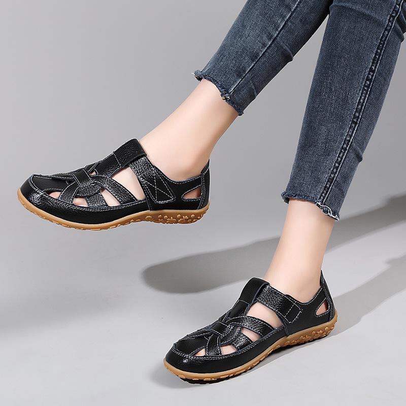 Leather Cross-woven Comfortable Baotou Sandals with Velcro Flats Women's Sandals