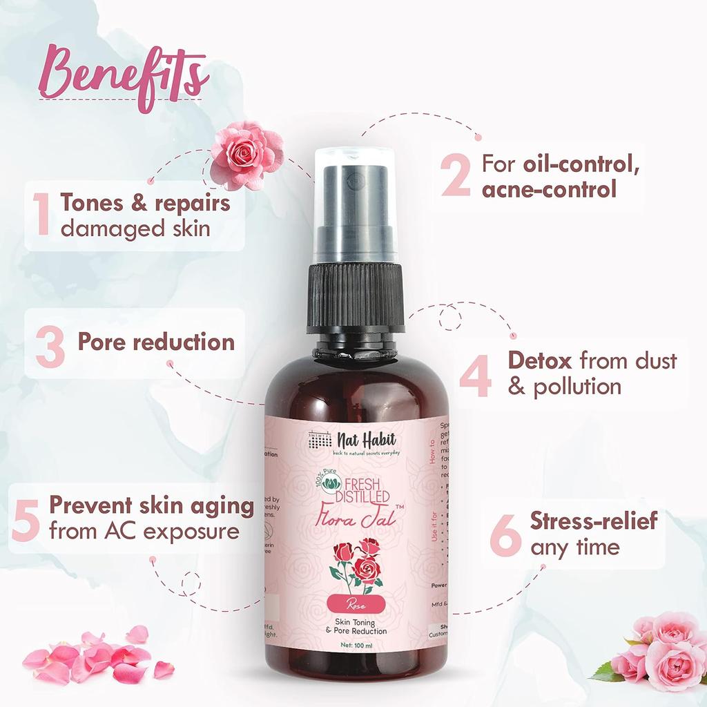 Nat Habit 100% Pure Gulab Jal Steam Distilled Face Toner And Hydrating Rose Water Mist For Natural Glowing Skin 100 Ml