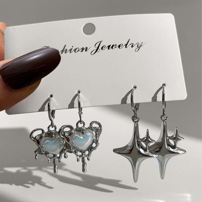 Gothic Punk Black Color Heart Star Pendant Earrings Set for Women Egirl Simple Opal Stone Cross Earrings Aesthetic Y2K Zircon медный