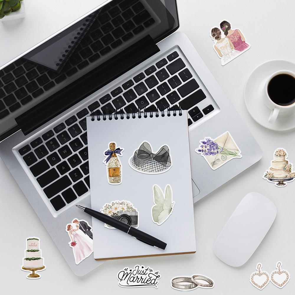 50 Watercolor Wedding Doodle Stickers - Waterproof Decorative Set for Water Bottles & Computers