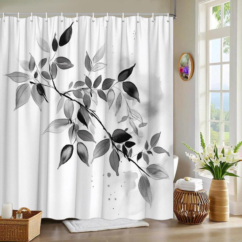 Black and white watercolor shower curtain gray branches simple gradient design waterproof shower curtain machine washable