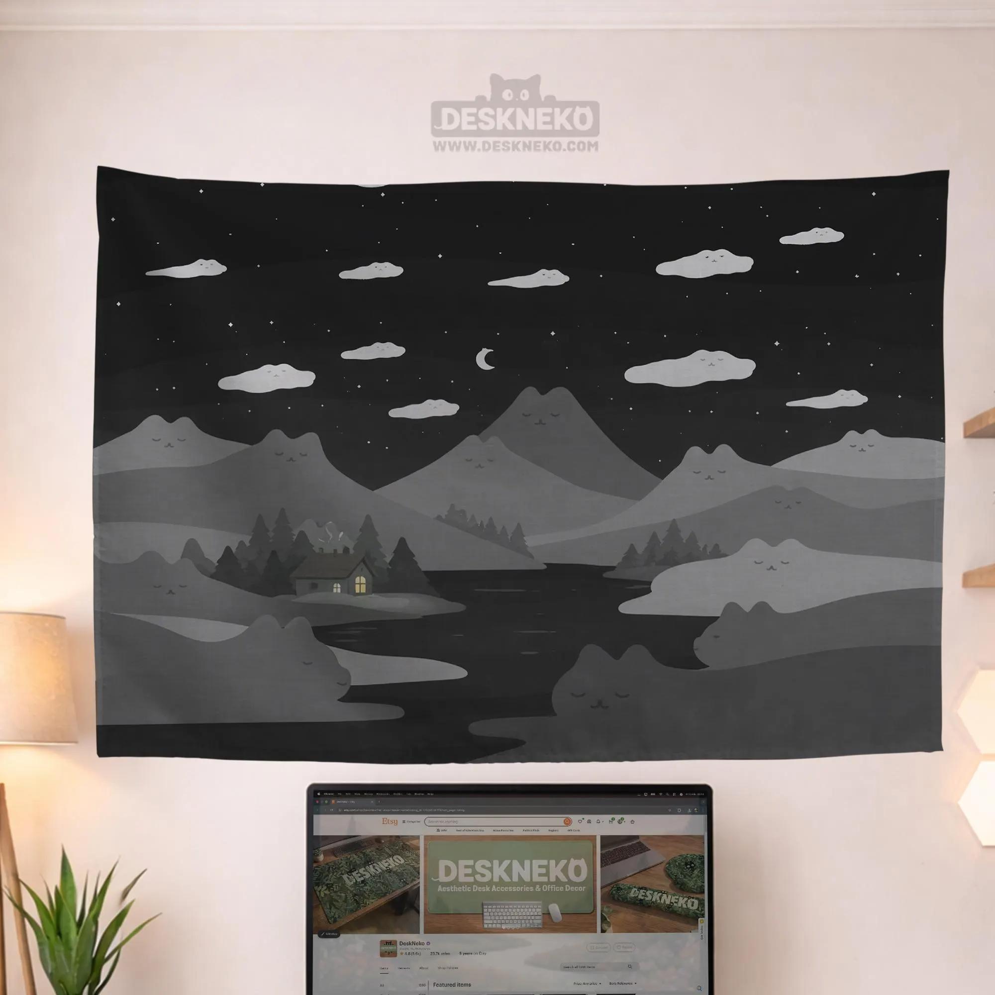 Minimalist Black and White Cat Mountain View Tapestry Forest Cabin Background Wabi Sabi Style Room Decoration 100X70CM