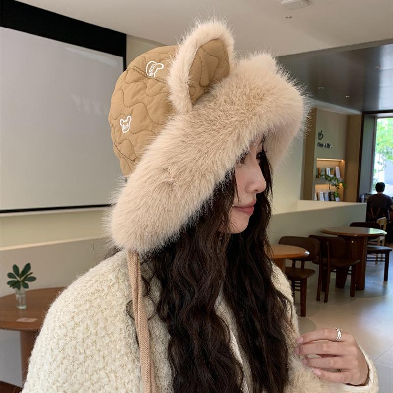 New cute bear hat women's plush warm ear protector bucket hat shows the face small versatile fashion
