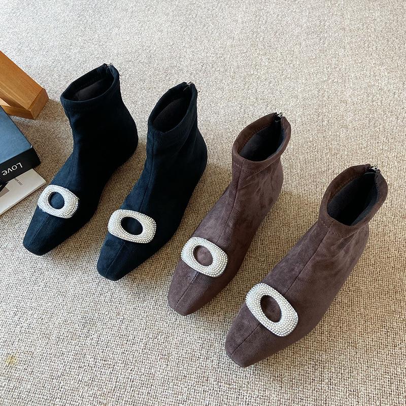 8071-2 Xiaoxiangfeng Black Rhinestone Inner Heightening Short Boots Women's Shoes 2025 Autumn and Winter Thin Elastic Thin Boots