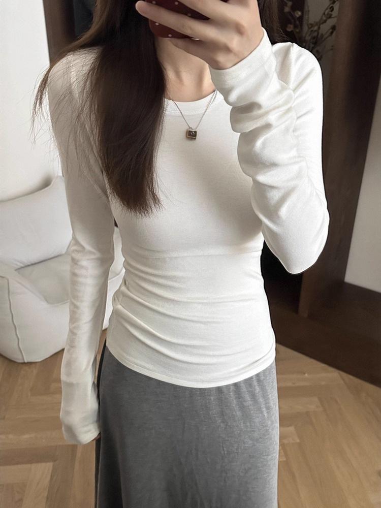 Women's Slim Fit Long-Sleeve T-Shirt, Solid Color, Ins Style, Brushed Fabric with Velvet Lining, Ideal Base Layer for All Seasons.