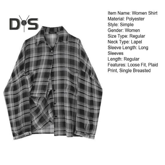 Women Summer Shirt Lapel Long Sleeve Plaid Print Shirt Tops Loose Fit Single-Breasted Thin Cardigan Shirt