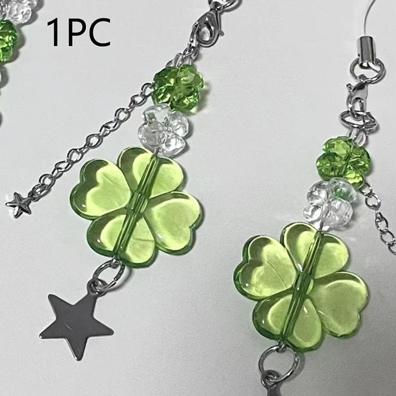 Y2K Trendy Lucky Grass Star Bear Phone Charms Sweet Four-Leaf Clover Beaded Keychain Bag Pendant Decoration For Women Girls Gift