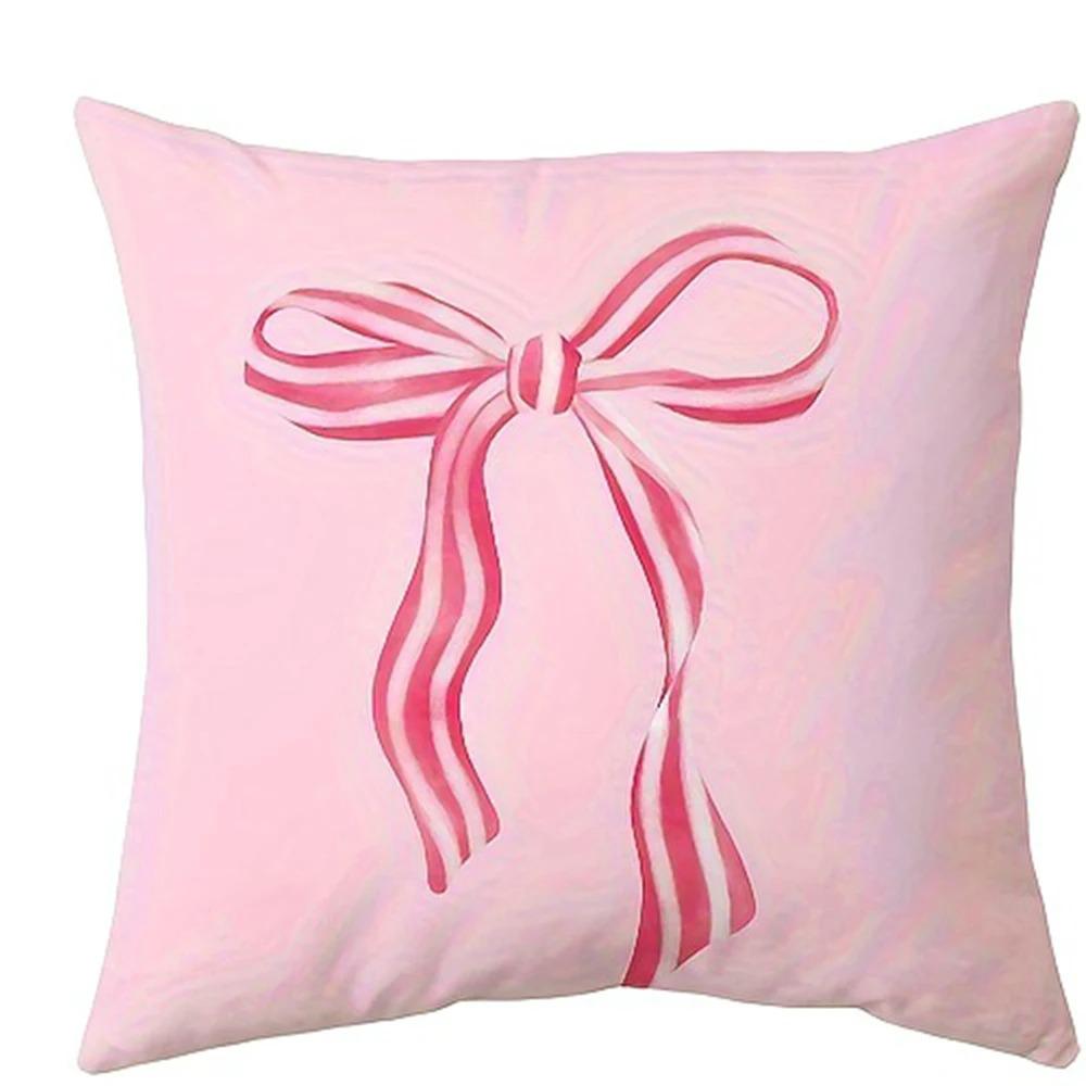 Pink Bow Cherry Blossom Printed Pillowcase Sweet Cute Style Soft Cotton Fabric Breathable For Bedroom Decor Girl'S Room Aestheti