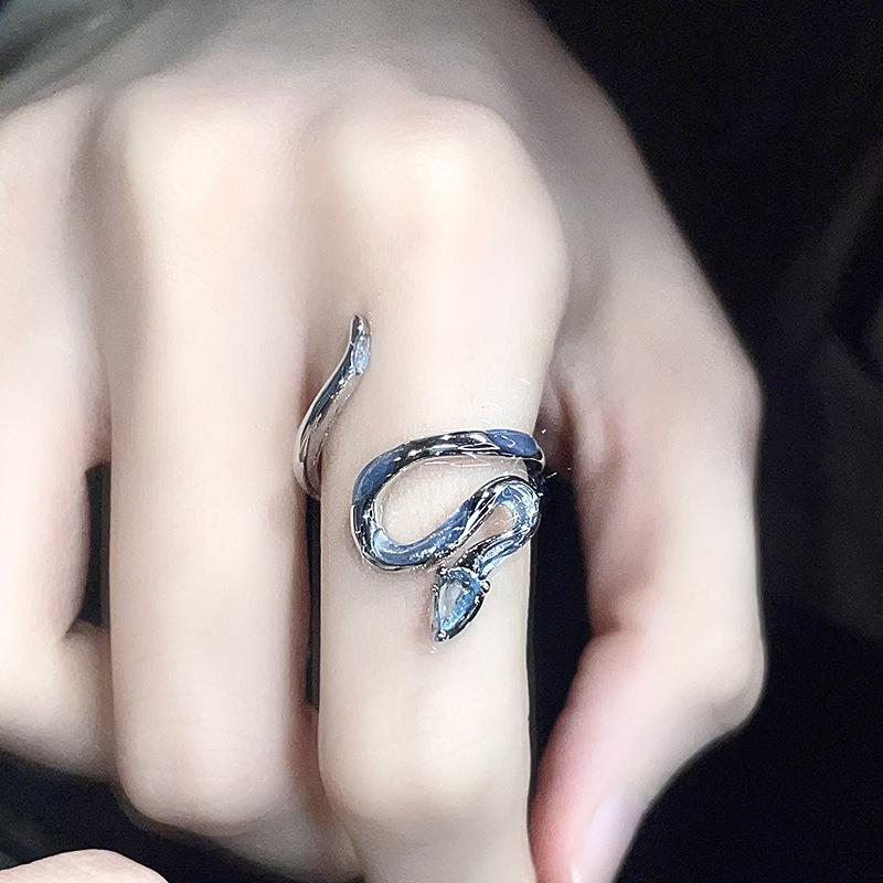 Y2K Future Sense Enamel Blue Snake Ring Spice Girl Snake Court Sweet Cool Wind Niche Design Cold Stacked Ring Woman Adjustable opening